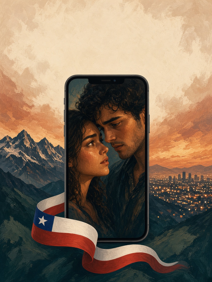 Ilustración de una teleserie vista en un celular, en formato vertical, con los Andes de fondo
